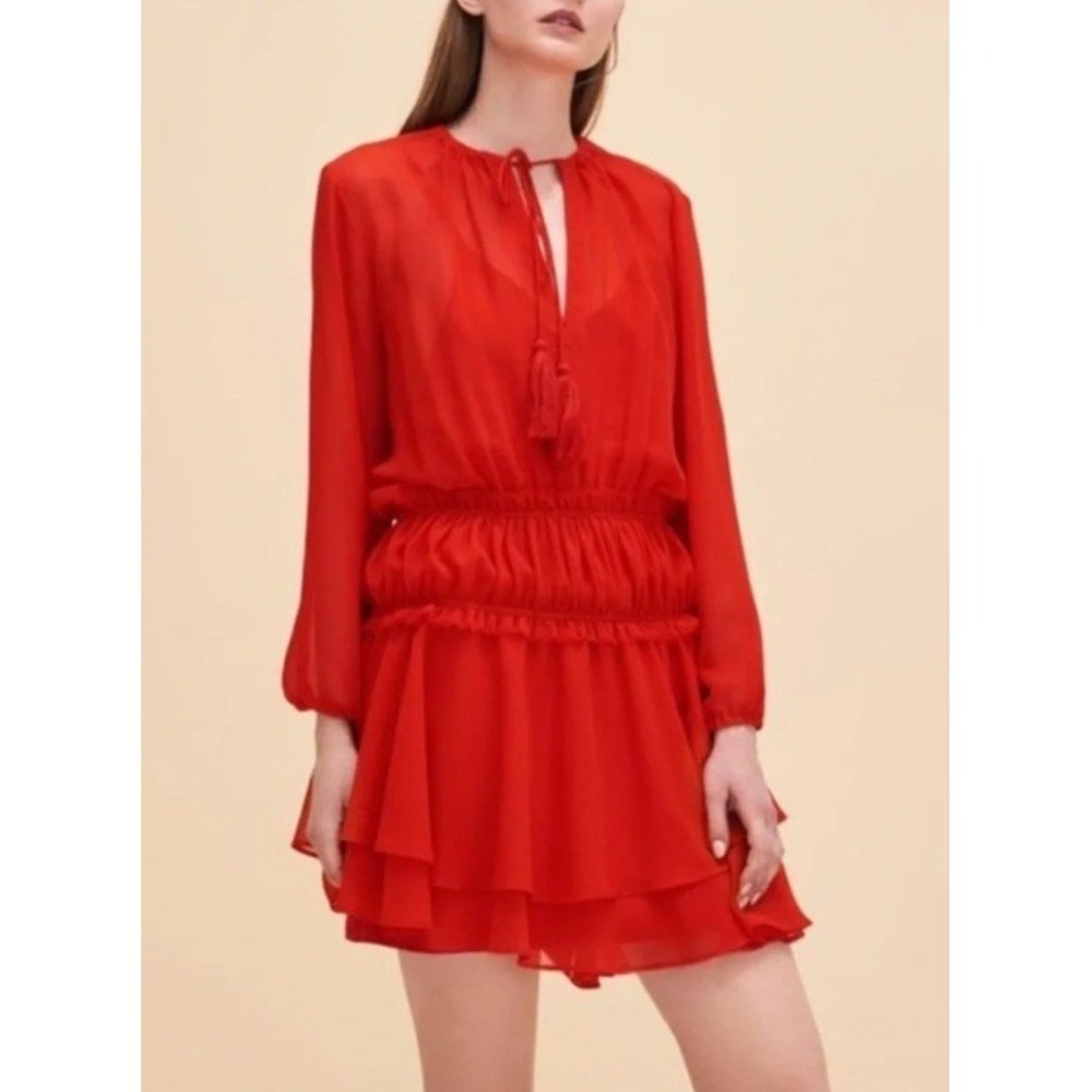 MAJE Rulla Shirred Waist Mini Dress Red Women Size 1 Small Ruffle Skirt Slip